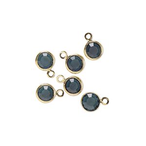 Drop, glass rhinestone and gold-finished brass, zircon blue, 6-6.5mm faceted round. Sold per pkg of 6.