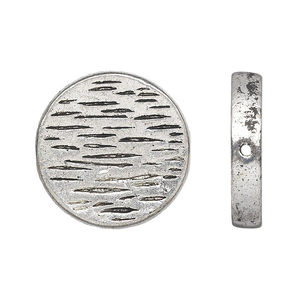 Bead, antiqued silver-finished "pewter" (zinc-based alloy), 23mm double-sided hollow textured flat round. Sold per pkg of 4. image number 0