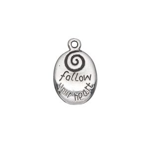 Drop, antique silver-plated "pewter" (zinc-based alloy), 17x13mm double-sided oval with "follow your heart." Sold per pkg of 10.