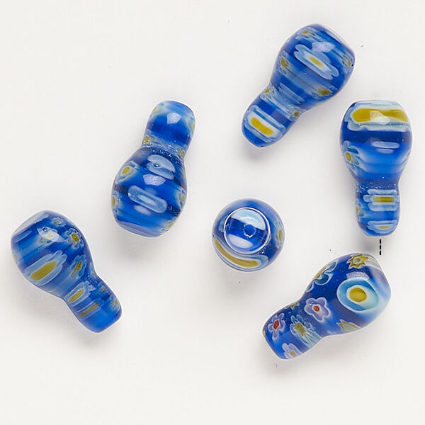 Bead, millefiori glass, translucent cobalt blue / yellow / white, 17x10mm-19x11mm half-drilled vase. Sold per pkg of 6. image number 0