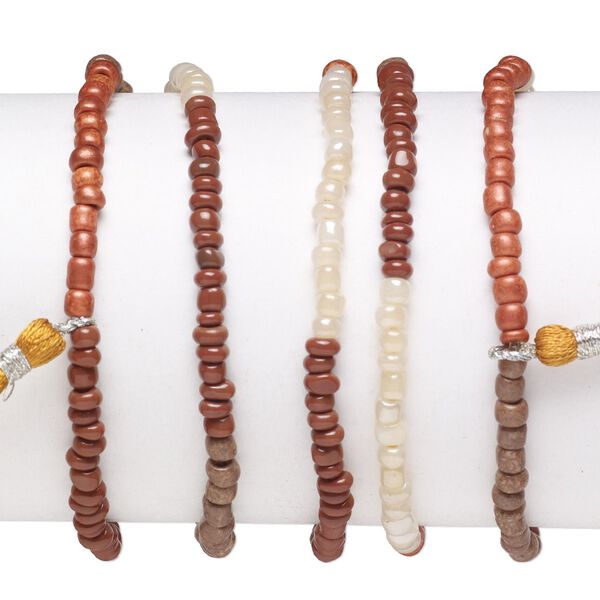 Bracelet mix, stretch, glass, copper / brown / multicolored, #6 round with 45mm tassel, 7-1/2 inches. Sold per pkg of 5. image number 0