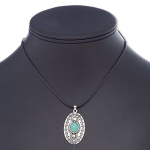 Necklace, magnesite (dyed / stabilized) / waxed cotton cord / antique silver-plated steel / "pewter" (zinc-based alloy), turquoise blue and black, 32x25mm oval, 16 inches with 2-inch extender chain and lobster claw clasp. Sold individually.