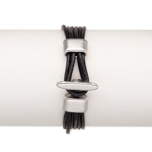 Bracelet, 6-strand, leather (dyed) and imitation rhodium-plated "pewter" (zinc-based alloy), black, 20mm wide, 6 inches with hook-and-eye clasp. Sold individually.