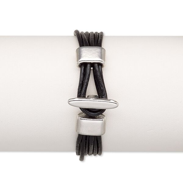 Bracelet, 6-strand, leather (dyed) and imitation rhodium-plated "pewter" (zinc-based alloy), black, 20mm wide, 6 inches with hook-and-eye clasp. Sold individually. image number 0