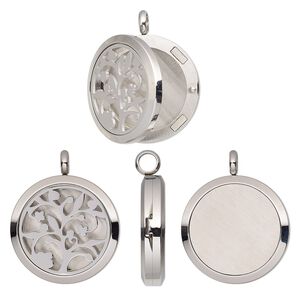 Pendant, stainless steel, 37x30mm single-sided hinged round locket with cutout fancy tree and magnetic closure. Sold individually.