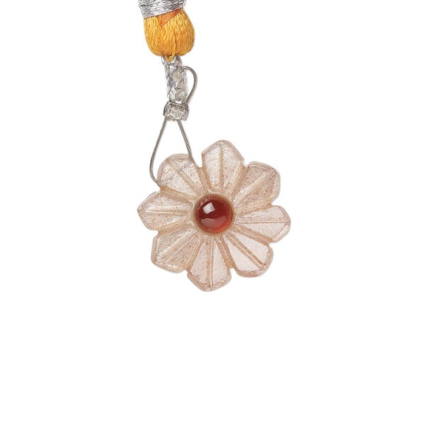 Peach moonstone / garnet 1pkg1, top-drilled hand-cut 1sided carved flower bead natural, 16mm image number 0