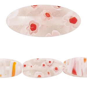 Bead, millefiori glass, clear / red / white, 19mm-20x10mm 4-sided twisted oval. Sold per 14-inch strand.
