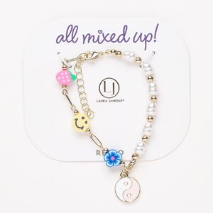 Bracelet, steel / brass / acrylic pearl, pkg/1, 6 inches with lobster claw clasp and 1-1/2-inch extender chain, gold finish and multicolored, Retro theme.