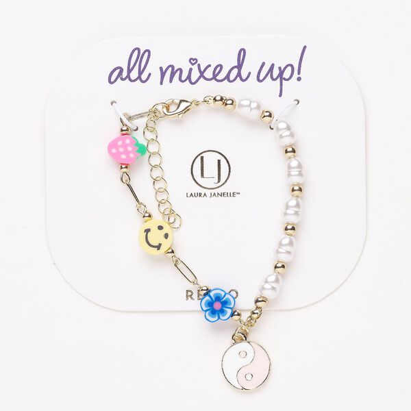 Bracelet, steel / brass / acrylic pearl, pkg/1, 6 inches with lobster claw clasp and 1-1/2-inch extender chain, gold finish and multicolored, Retro theme. image number 0