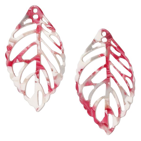 Focal, resin, pink / red / white, 39x22mm leaf with cutouts. Sold per pkg of 4. image number 0