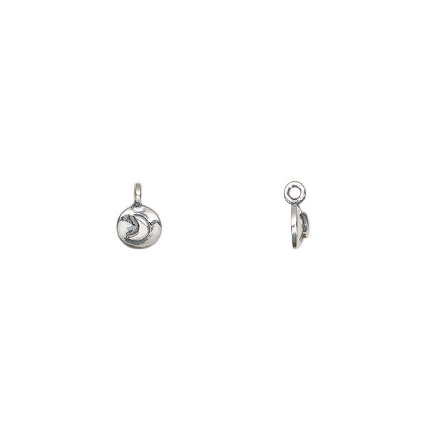 Charm 1pkg1, antiqued sterling silver, 4.5mm single-sided round with crescent moon. image number 0