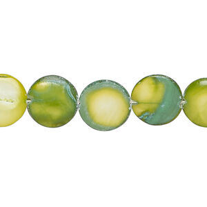 Mother-of-pearl shell 1pkg1, matte puffed flat round bead 15 inch green and dark green 11-12mm