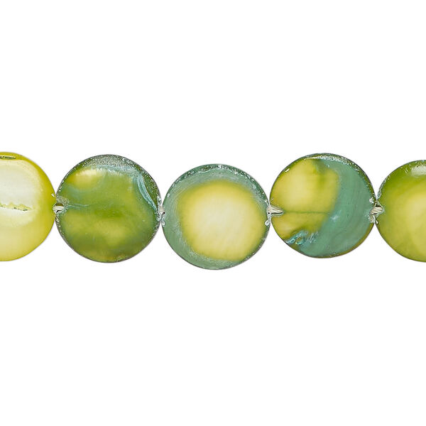 Mother-of-pearl shell 1pkg1, matte puffed flat round bead 15 inch green and dark green 11-12mm image number 0