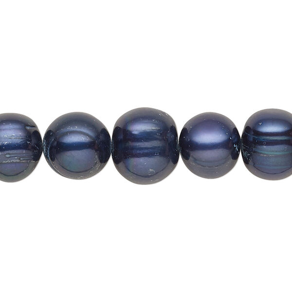 Pearl, cultured freshwater (dyed), dark blue, 8-10mm semi-round with 0.4mm hole, C grade, Mohs hardness 2-1/2 to 4. Sold per 15-inch strand. image number 0