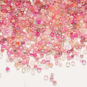 Seed bead mix, glass, 1pkg25g, #15 to #11 round, opaque and translucent multi-pink
