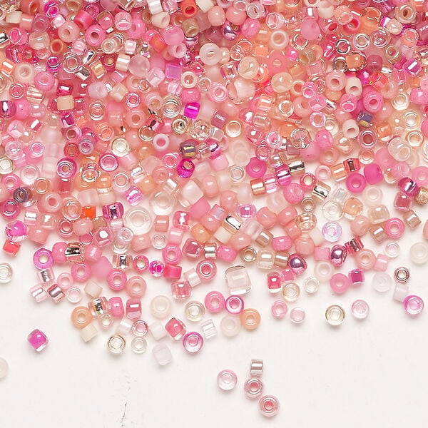 Seed bead mix, glass, 1pkg25g, #15 to #11 round, opaque and translucent multi-pink image number 0