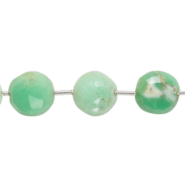 Bead, chrysoprase (natural), 10-12mm faceted puffed flat hand-cut round, B- grade, Mohs hardness 6-1/2 to 7. Sold per pkg of 6. image number 0