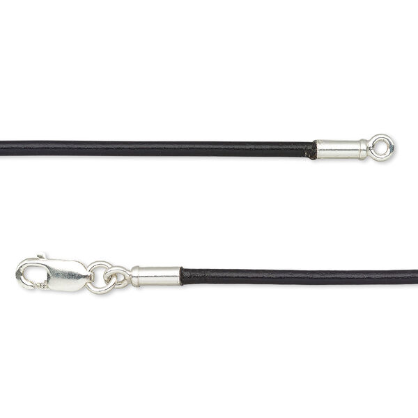 Necklace cord, Ellada Leather™, Greek leather (dyed) and sterling silver, black, 1.5mm round, 18 inches with lobster claw clasp. Sold individually. image number 0