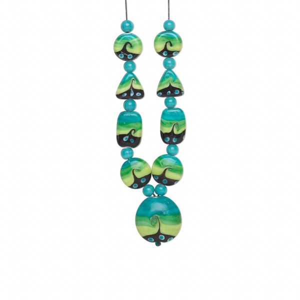 Bead, glass and waxed cotton cord, multicolored, 19-40mm double-sided multi-shape. Sold per set. image number 0