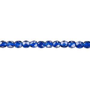Bead, Czech fire-polished dipped décor glass, translucent cobalt, 4mm faceted round. Sold per pkg of 1,200 (1 mass).