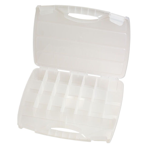 Organizer box, plastic, clear, 14-1/2 x 12-1/2 x 2 1/2-inch, 21 compartments. Sold individually. image number 1