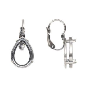 Ear wire leverback 1pkg2 JBB findings antique silver-plated, 24mm / 14x10mm pear 4-prong open back setting, brass 1 pair