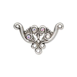 Connector, glass rhinestone and antique silver-finished "pewter" (zinc-based alloy), clear AB, 28x16mm fancy with 3 loops. Sold per pkg of 3.