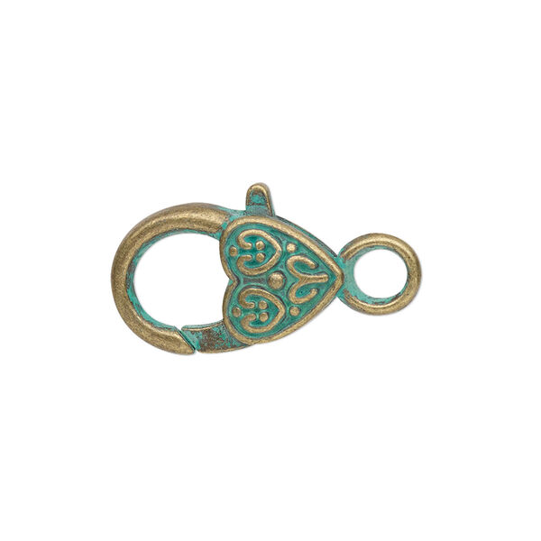 Clasp, lobster claw, antique brass-plated "pewter" (zinc-based alloy), green patina, 19.5x12.5mm double-sided heart with fancy design. Sold per pkg of 8. image number 0