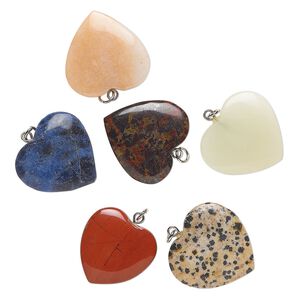 Drop mix, silver-finished steel and multi-gemstone (natural / dyed / manmade), 24-28mm puffed heart. Sold per pkg of 6.
