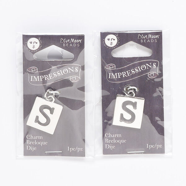 Drop, silver-finished "pewter (zinc-based alloy) and steel, 16x15mm square with alphabet letter "S." Sold per pkg of 2. image number 0