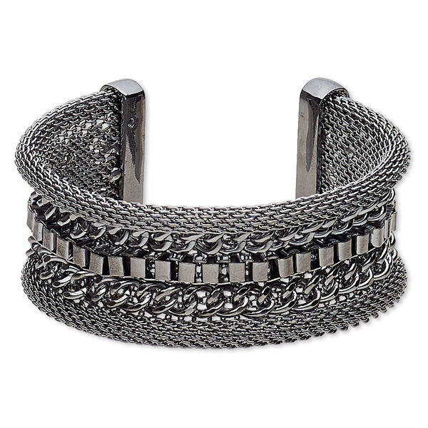 Bracelet, cuff, gunmetal-plated brass and steel, 34mm wide curved band with mesh design, adjustable from 6-1/2 to 7 inches. Sold individually. image number 0