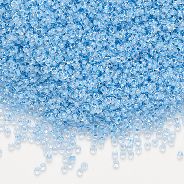 Seed bead, Miyuki, glass, pkg/35g, #15 rocaille, translucent sky blue-lined luster crystal clear (RR-221). image number 0