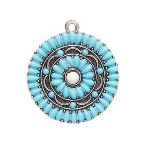 Drop, antique silver-finished "pewter" (zinc-based alloy) and "turquoise" (resin) (imitation), turquoise blue, 28mm single-sided round. Sold per pkg of 2.