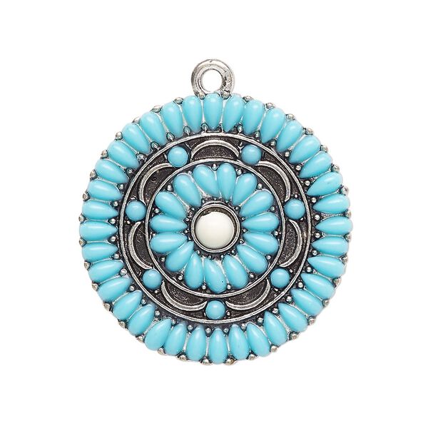 Drop, antique silver-finished "pewter" (zinc-based alloy) and "turquoise" (resin) (imitation), turquoise blue, 28mm single-sided round. Sold per pkg of 2. image number 0