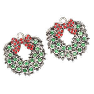 Charm, antique silver-finished "pewter" (zinc-based alloy) and glass, green and red, 25x24mm single-sided Christmas wreath. Sold per pkg of 2.