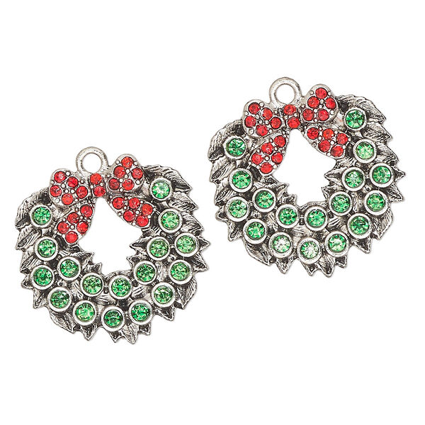 Charm, antique silver-finished "pewter" (zinc-based alloy) and glass, green and red, 25x24mm single-sided Christmas wreath. Sold per pkg of 2. image number 0