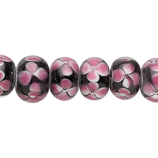 Bead, lampworked glass, black and pink, 12x8mm rondelle with flowers. Sold per 8-inch strand. image number 0