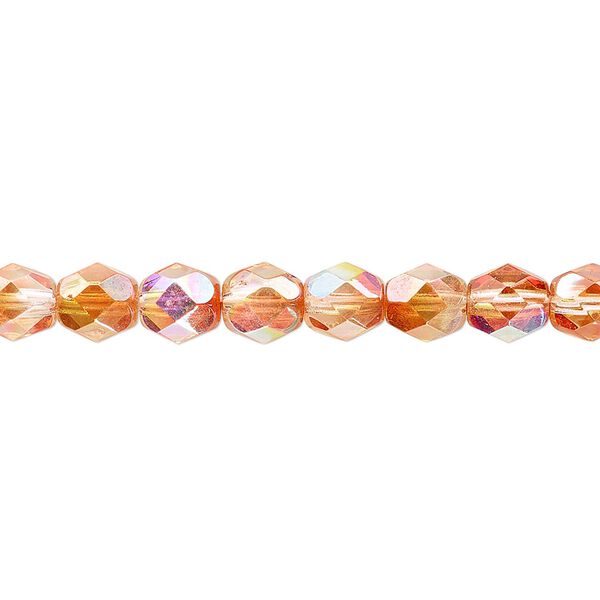 Bead, Czech fire-polished glass, two-tone clear AB and apricot medium, 6mm faceted round. Sold per 15-1/2" to 16" strand. image number 0