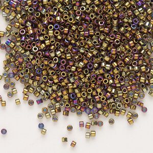 Seed bead, Delica®, glass, pkg/250g, #11 round, opaque nickel-plated golden olive iris (DB-0029).