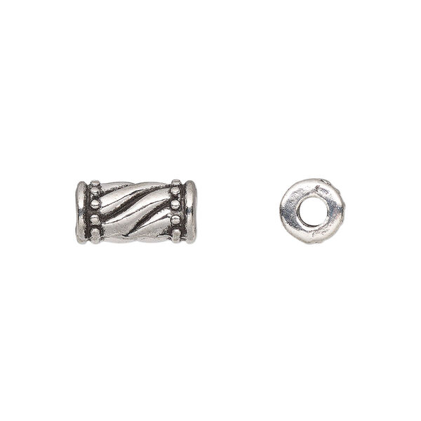 Bead, antique silver-finished "pewter" (zinc-based alloy), 10.5x5.5mm round tube with beaded twisted design. Sold per pkg of 20. image number 0