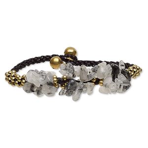 Tourmalinated quartz / nylon / brass / steel 1pkg1, gold-finished chip bracelet natural 7-7.5 inch / 20mm wide / 8mm bell / button clasp