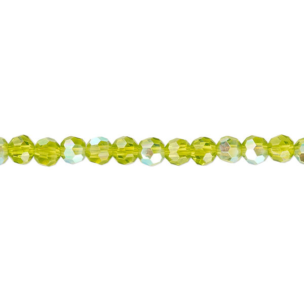 Bead 1pk 32 facets translucent peridot green AB, Celestial Crystal® 4mm round 15.5-16 inch image number 0