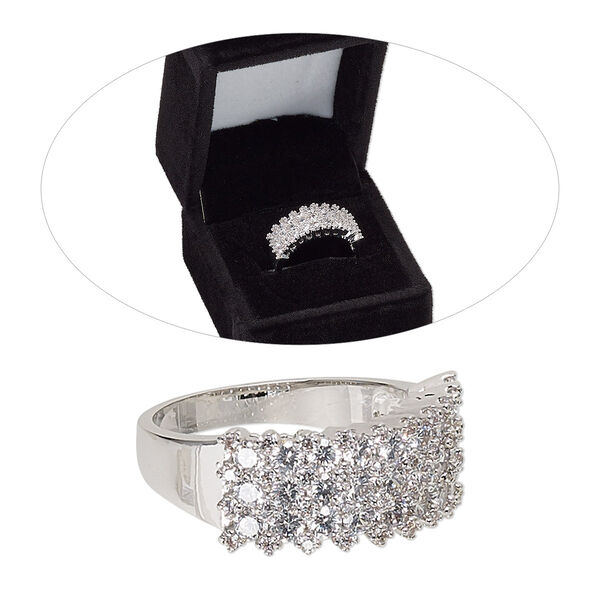 Ring, cubic zirconia and rhodium-finished brass, clear, 10mm wide with 4-row design, size 8. Sold individually. image number 0
