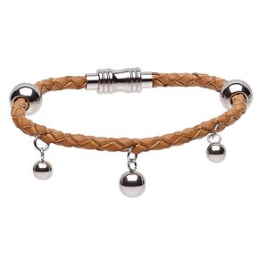 Bracelet, leather (dyed) and stainless steel, natural, 10mm wide with 4mm bolo cord, 7 inches with magnetic clasp. Sold individually.