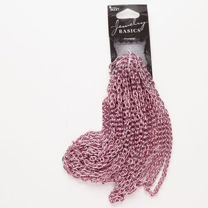 Chain, anodized aluminum, pkg/160 inches, 4mm oval rolo, pink.