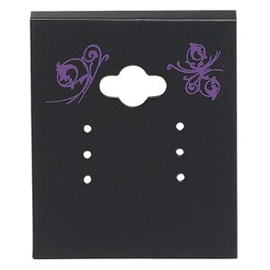Earring card, PVC plastic, opaque black and purple, 2x1-1/2 inch square with butterfly design. Sold per pkg of 100.