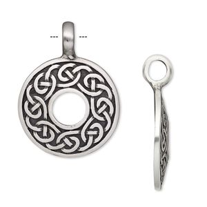 Pendant, antiqued pewter (tin-based alloy), 47x35mm domed open round with Celtic knot design. Sold individually.