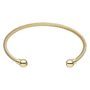 Bracelet, cuff, gold-plated brass, 3.5mm twisted wire with 8mm threaded ball end, adjustable from 9 to 9-1/2 inches. Sold individually.