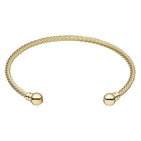Bracelet, cuff, gold-plated brass, 3.5mm twisted wire with 8mm threaded ball end, adjustable from 9 to 9-1/2 inches. Sold individually. image number 0