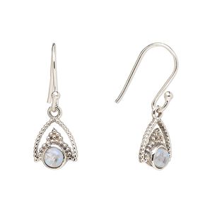 Earring, Create Compliments®, antiqued sterling silver and rainbow moonstone (natural), fishhook, 24.5mm with 11x9mm single-sided beaded arrowhead, 21 gauge. Sold per pair.